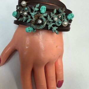 Betsey Johnson Turquoise and Brown Skull Wrap Bracelet